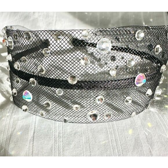 Mesh black, iradecent, and silver glamorous rhinestone headband - Picture 3 of 4
